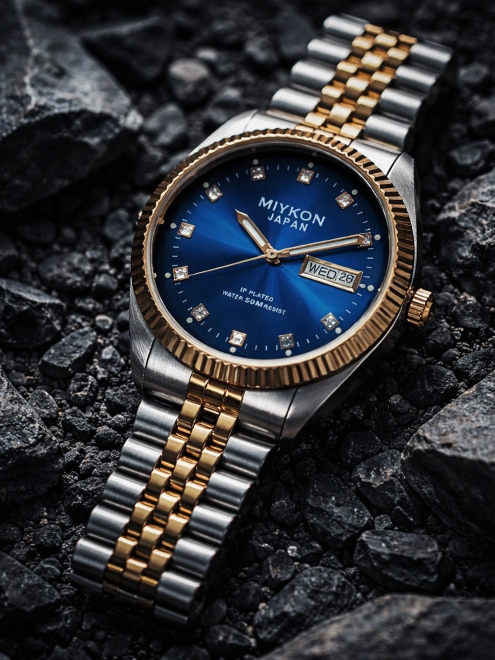 Miykon Women's Dress Watch - Blue Sunburst Dial, Two-Tone, Diamond Markers